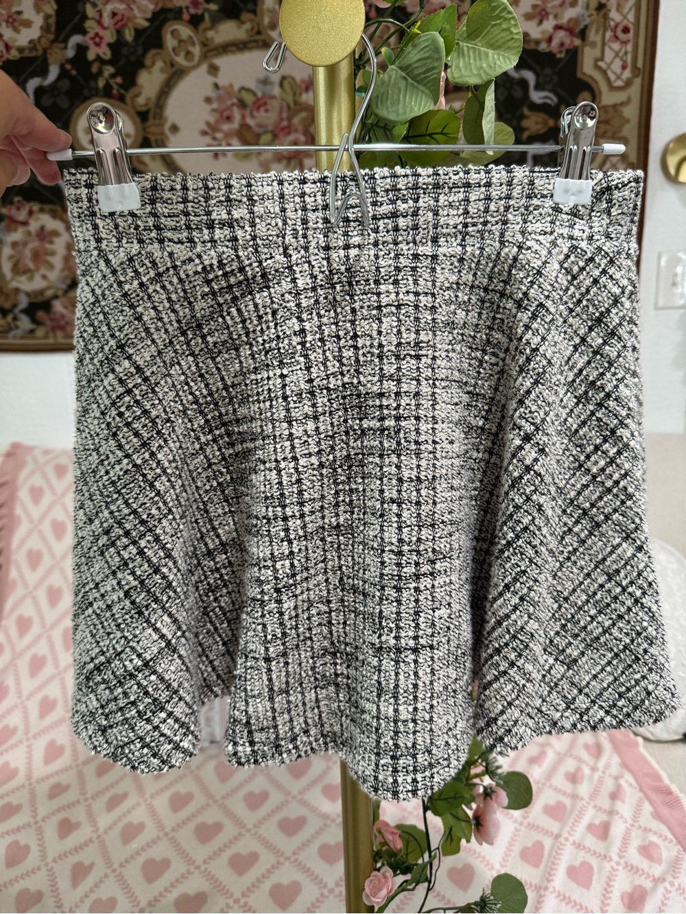 Womens Black & White Tweed Flare Skirt